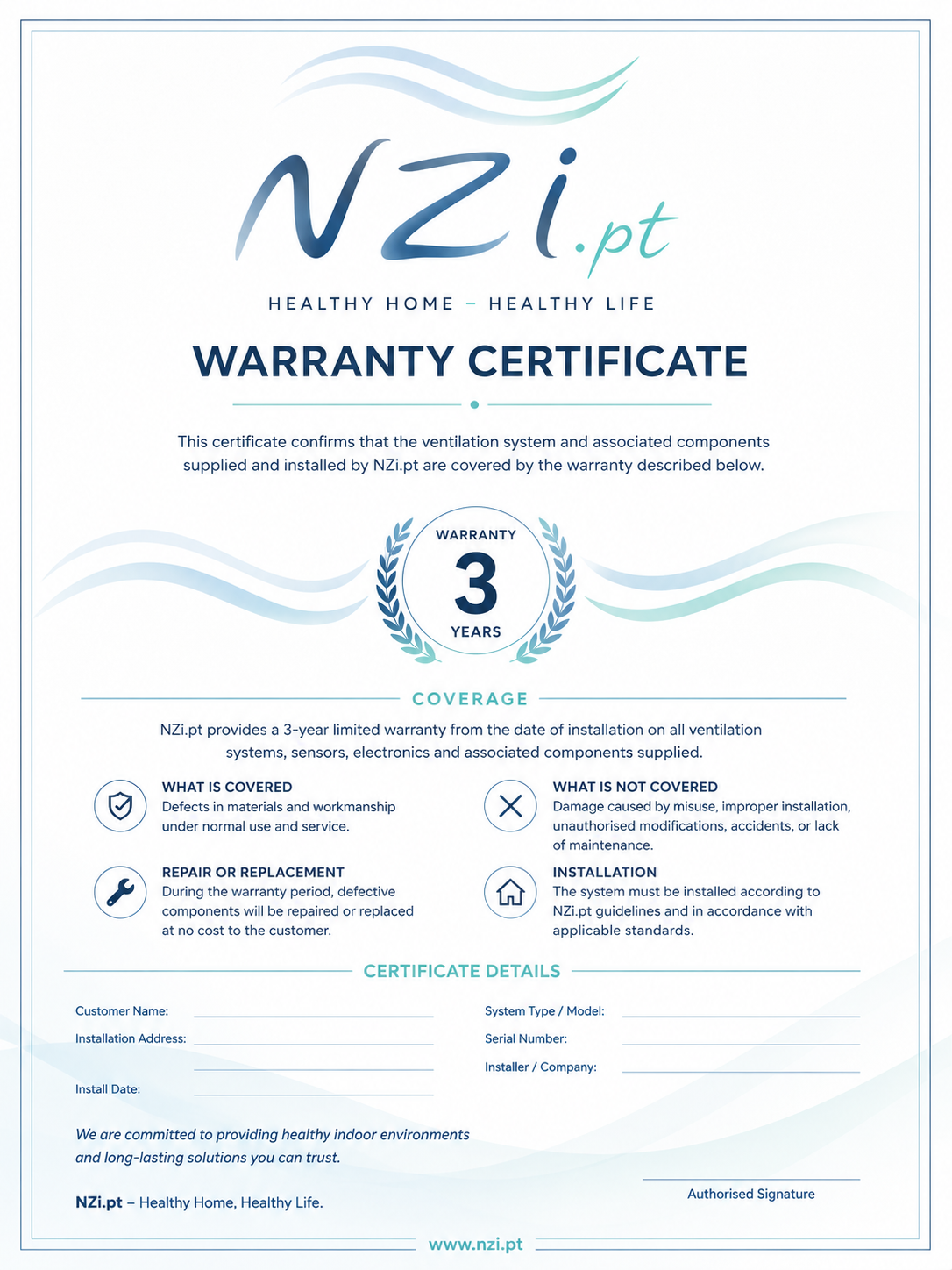Certificado de garantia NZi.pt 3 anos