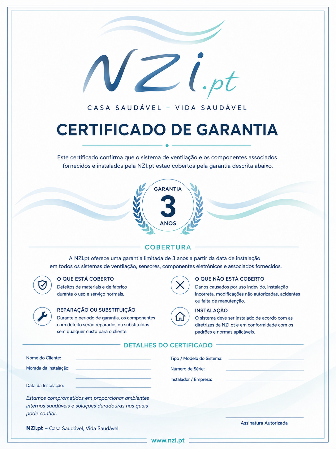 Certificado de garantia NZi.pt 3 anos